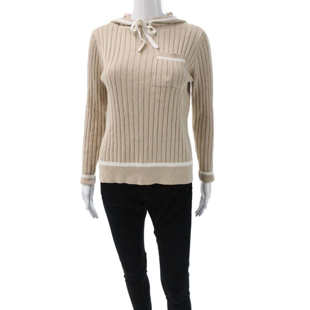 Minnie Rose Womens Pullover Hoodie Beige Striped Cotton Wool Drawstring Size XS